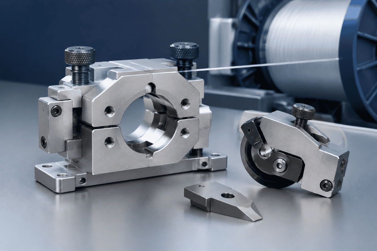 Illustration of Optical Fiber Bobbin Changeover Components: Custom Clamp and Cutter Parts