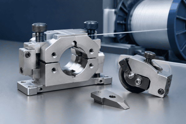 Illustration of Optical Fiber Bobbin Changeover Components: Custom Clamp and Cutter Parts